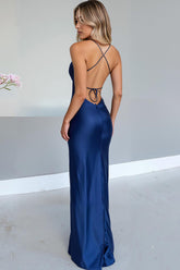 Spaghettiträger Etui Königsblaues Satin Abendkleid mit Schlitz